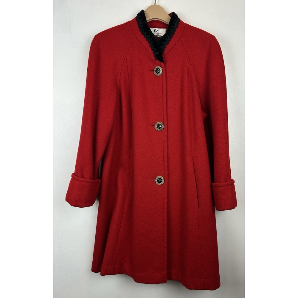 Vintage Long Wool Coat Womens Medium Red Black Velvet Collar Overcoat Buttons